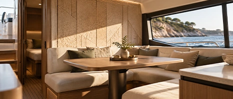 Revêtements décoratifs pour yachts : cuir marin, liège naturel et bois décoratif. ARTENDÉCO pour vos projets d'aménagement nautique et de refit.