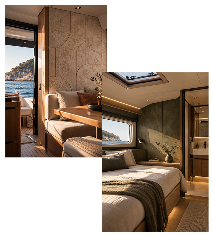 Revêtements décoratifs pour yachts : cuir marin, liège naturel et bois décoratif. ARTENDÉCO pour vos projets d'aménagement nautique et de refit.