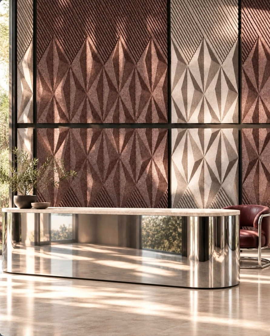 ARTENDÉCO revêtements muraux haut de gamme, panneaux MDF sculptés, liège naturel, terrazzo , créations sur mesure pour vos projets.