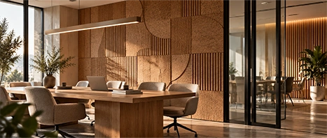 Revêtements muraux bureaux et espaces professionnels : liège naturel, MDF sculpté et panneaux décoratifs sur mesure.