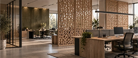 Revêtements muraux bureaux et espaces professionnels : liège naturel, MDF sculpté et panneaux décoratifs sur mesure.