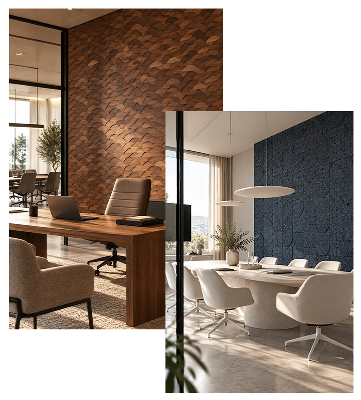 Revêtements muraux bureaux et espaces professionnels : liège naturel, MDF sculpté et panneaux décoratifs sur mesure.